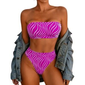 NWT Neon Pink Wavy Stripe High Waisted Bikini Set Strapless Bandeau Small